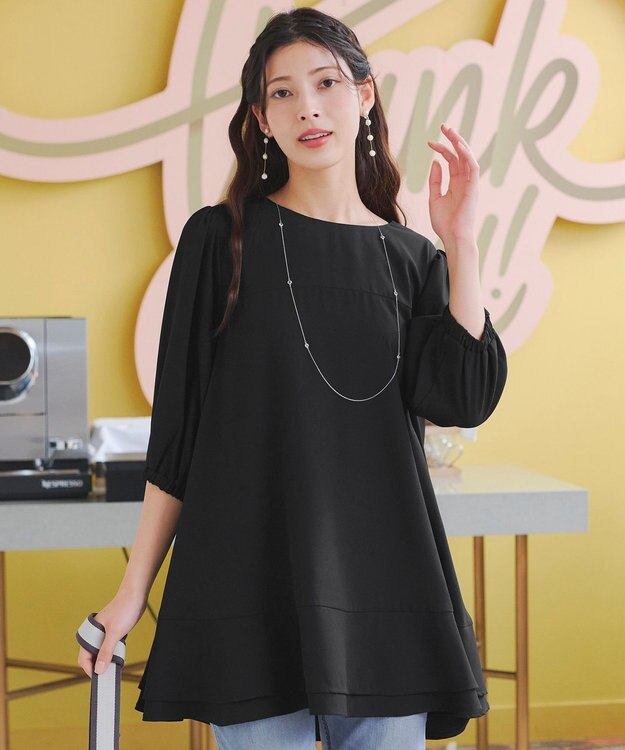 Tiaclasse 【洗える】裾フリルパフ袖チュニック ブラック