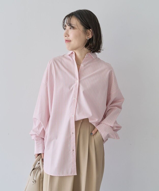 Green Parks イージーケア抜け衿シャツ Stripe Pink