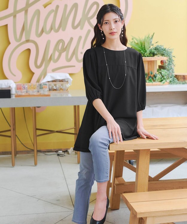 Tiaclasse 【洗える】裾フリルパフ袖チュニック ブラック