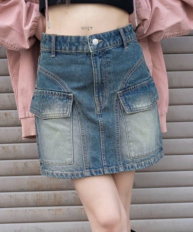 WEGO ヴィンテージウォッシュカーゴミニスカート デニム中濃加工色