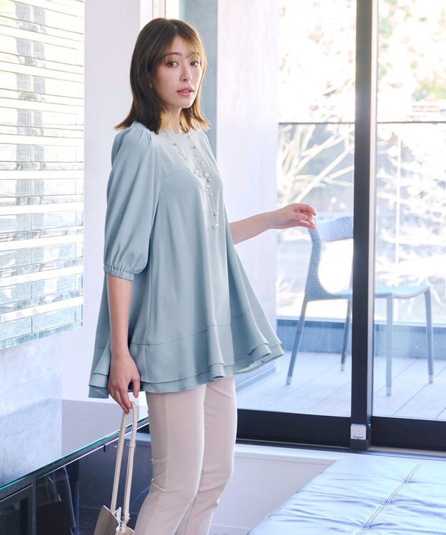 Tiaclasse 【洗える】裾フリルパフ袖チュニック ブルー