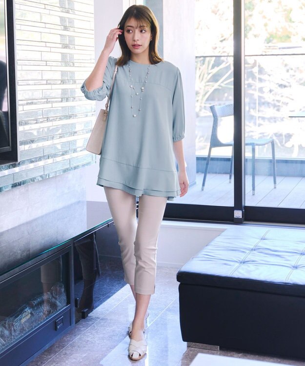 Tiaclasse 【洗える】裾フリルパフ袖チュニック ブルー