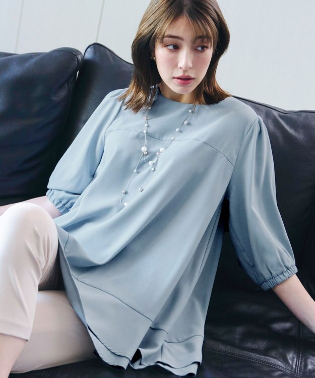 Tiaclasse 【洗える】裾フリルパフ袖チュニック ブルー