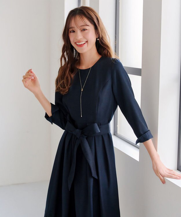 Tiaclasse L 【洗える】花柄刺繍フレアワンピース ネイビー