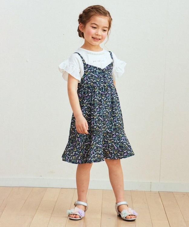 ANY KIDS フラワープリント キャミ ワンピース ネイビー系