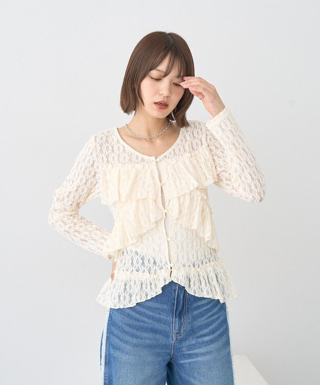 earth music&ecology レースフリルメローカーディガン Ivory