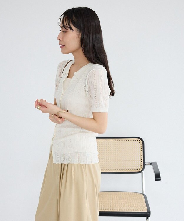 CRAFT STANDARD BOUTIQUE レースニット衿付き半袖カーディガン Off White