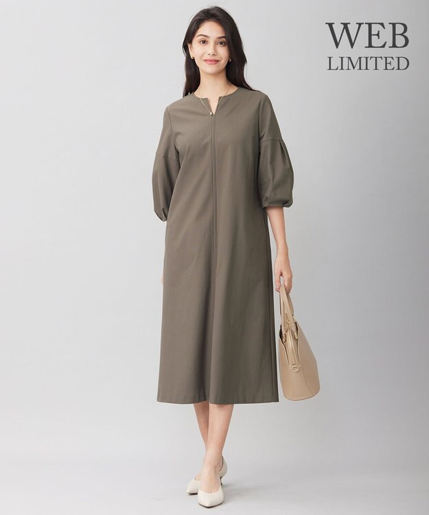 自由区 S 【WEB限定・洗える】カラミストレッチパフスリーブ ワンピース カーキ系