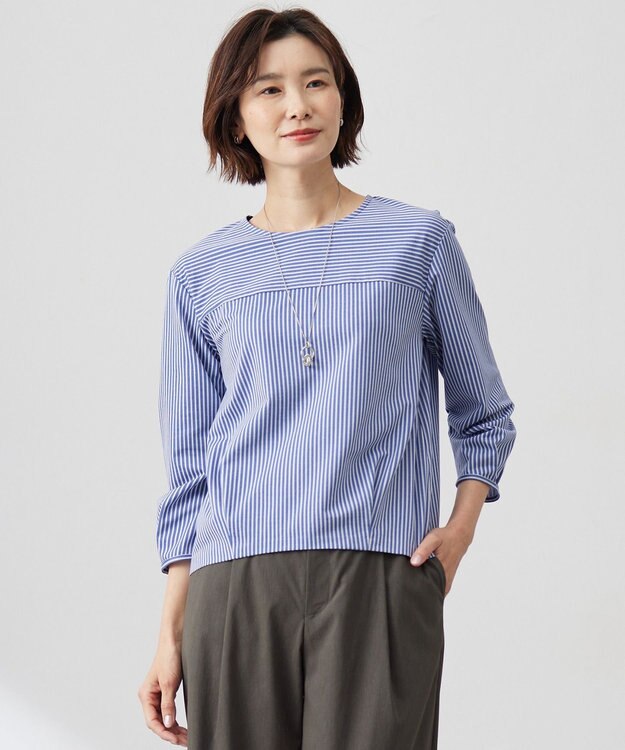 J.PRESS LADIES Jカミーチェストライプ クルーネック カットソー ネイビーストライプ系