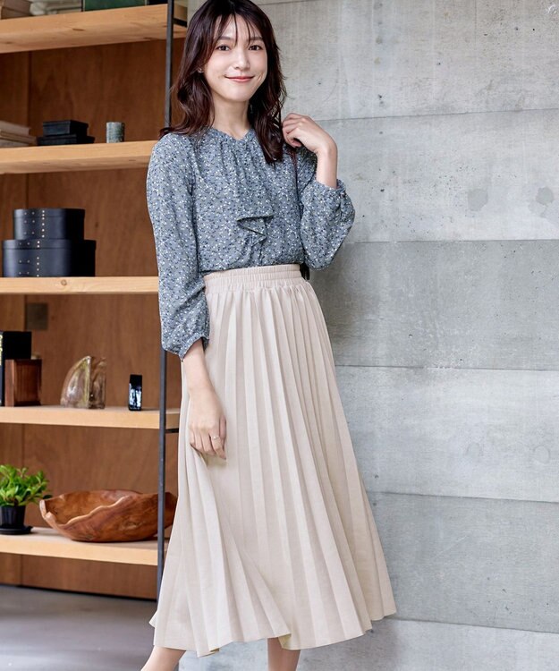 Tiaclasse 【洗える・スマート裏起毛】ジョーゼットフリルブラウス ブルー×オフホワイト