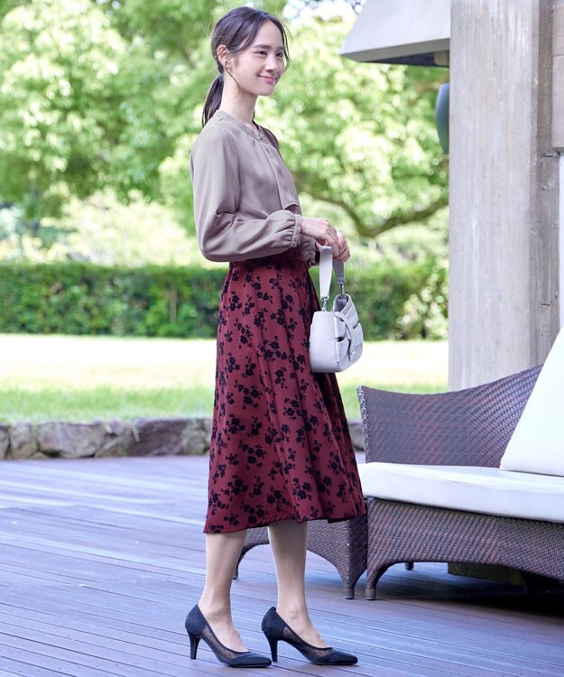 Tiaclasse L 【洗える】【スマート裏起毛】ジョーゼットフリルブラウス グレージュ