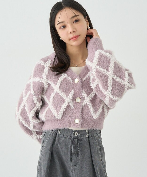 earth music&ecology シャギーダイヤ柄ショートニットカーディガン Pink