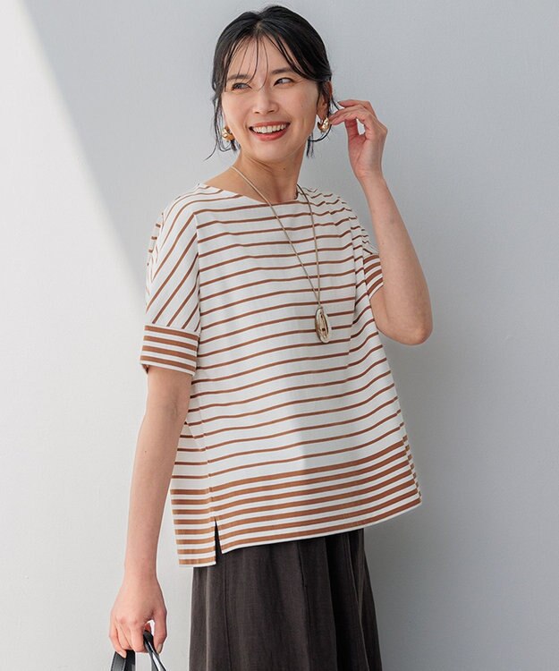 23区 L 【洗える】ランダムボーダー ドルマン カットソー オフ×テラコッタボーダー