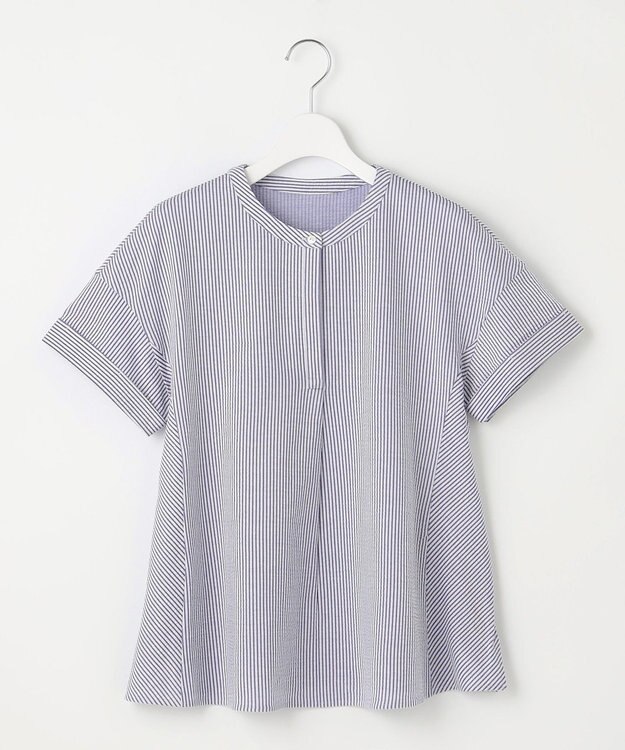 J.PRESS LADIES L 【洗える・抗菌防臭・吸水速乾】サッカージャージー フレンチスリーブ カットソー オフ×ブルー系