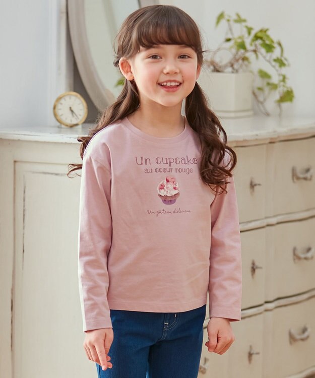 ANY KIDS アートモチーフ 長袖 Tシャツ ピンク×カップケーキ