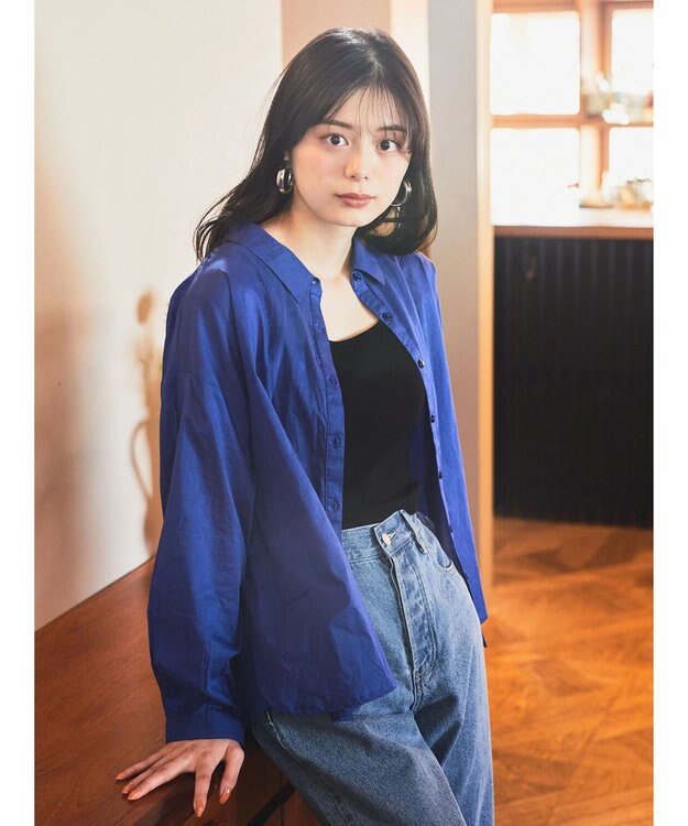 earth music&ecology コットンボイルギャザーシャツ Blue