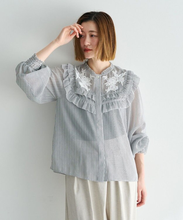 YECCA VECCA ラッフルレースブラウス Stripe