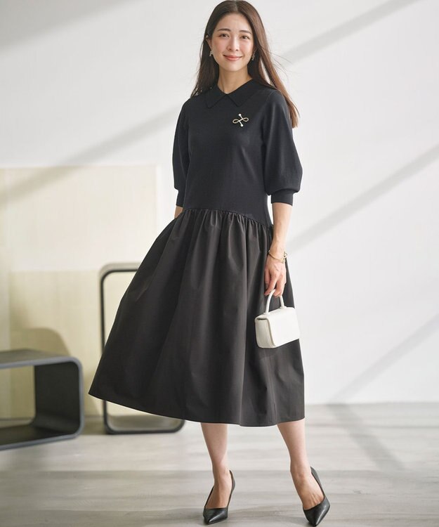 組曲 S 襟付きドッキング ニットワンピース ブラック系