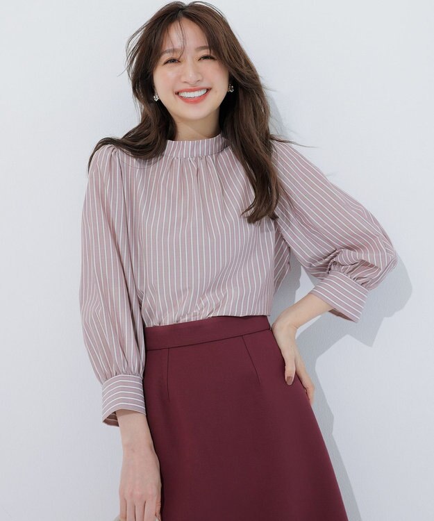 ANY SIS 【洗える】フェイクパールストライプ ブラウス ベージュストライプ