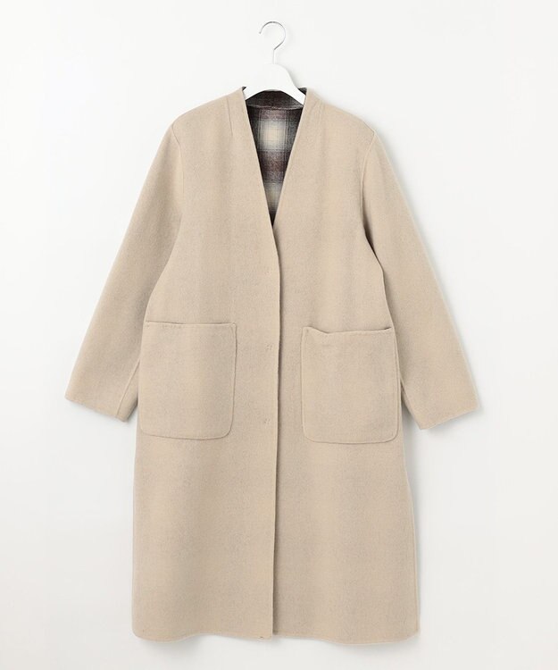 自由区 【リバーシブル】ウールリバー ノーカラーロングコート キャメル系