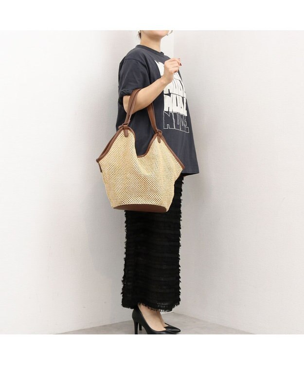 UNBILLION カシュカシュ cachecache / フェイクレザーショルダーバッグ付雑材風トート キャメル