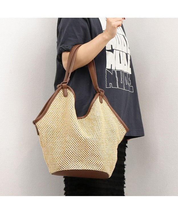 UNBILLION カシュカシュ cachecache / フェイクレザーショルダーバッグ付雑材風トート キャメル