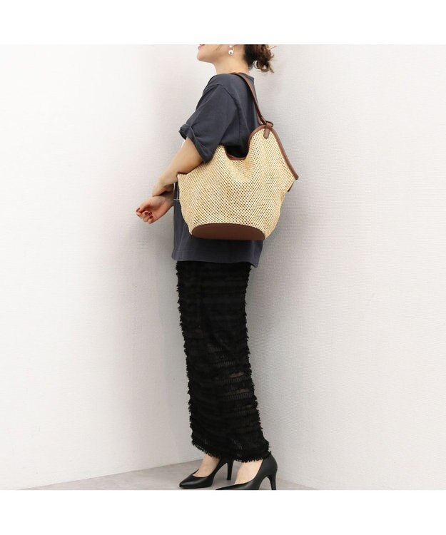 UNBILLION カシュカシュ cachecache / フェイクレザーショルダーバッグ付雑材風トート キャメル