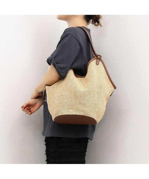 UNBILLION カシュカシュ cachecache / フェイクレザーショルダーバッグ付雑材風トート キャメル