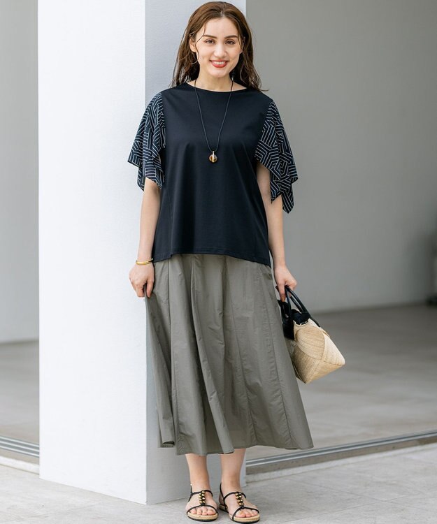 23区 L 【Lサイズ限定/洗える】スカーフプリントコンビ スリーブデザイン カットソー ブラック×ベージュ