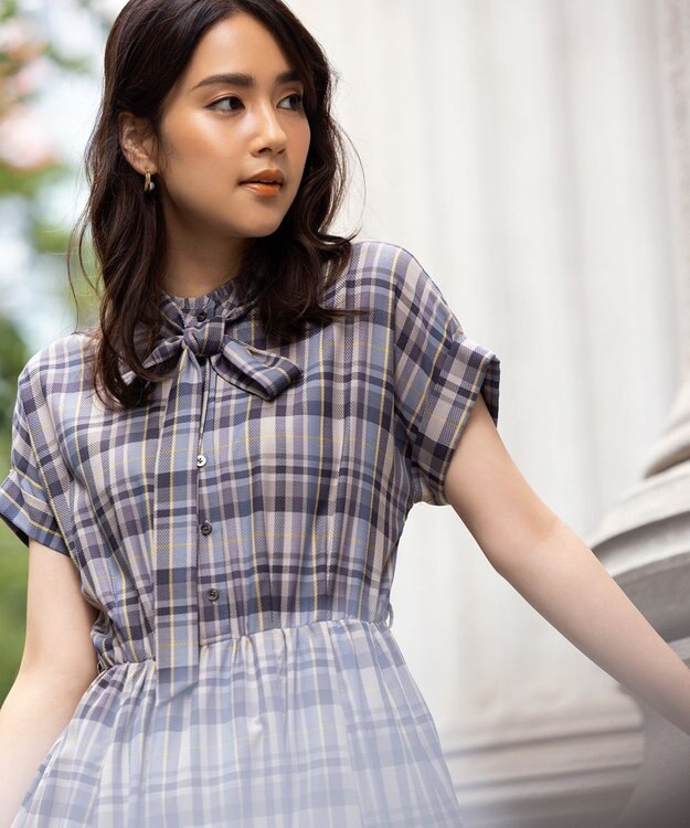 組曲 【リボンタイ付き】シアーツイルチェック ワンピース パープル系3