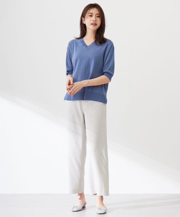 J.PRESS LADIES L 【洗える】COTTON LINEN Vネック ニット ダルブルー系
