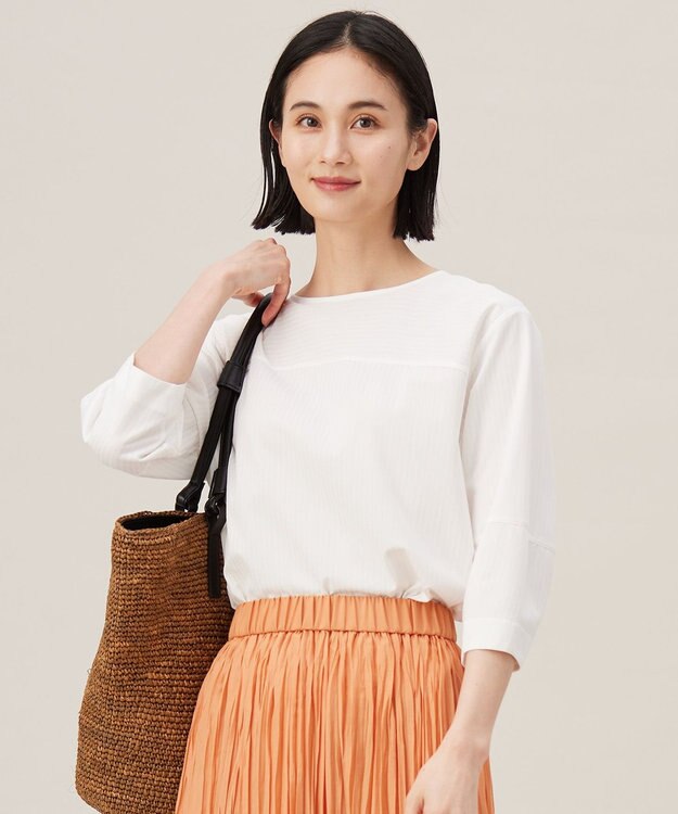 自由区 L 【接触冷感・UVカット・洗える】ストライプコットンハイゲージフォルムスリーブ カットソー オフ