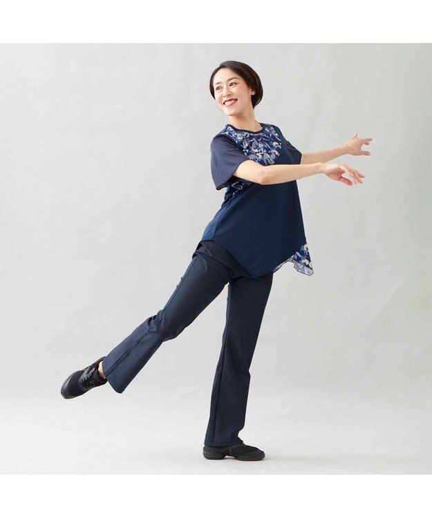 Chacott デニム調ブーツカットパンツ ネイビー