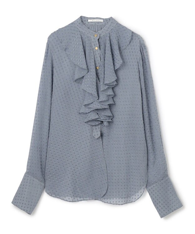 BEIGE， CALLERRY / シルク混ドットラッフルブラウス Dull Blue