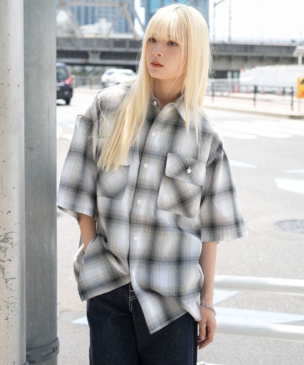 WEGO 【ユニセックス着用ITEM/SMLサイズ展開】オンブレチェックシャツ（SS） 柄2
