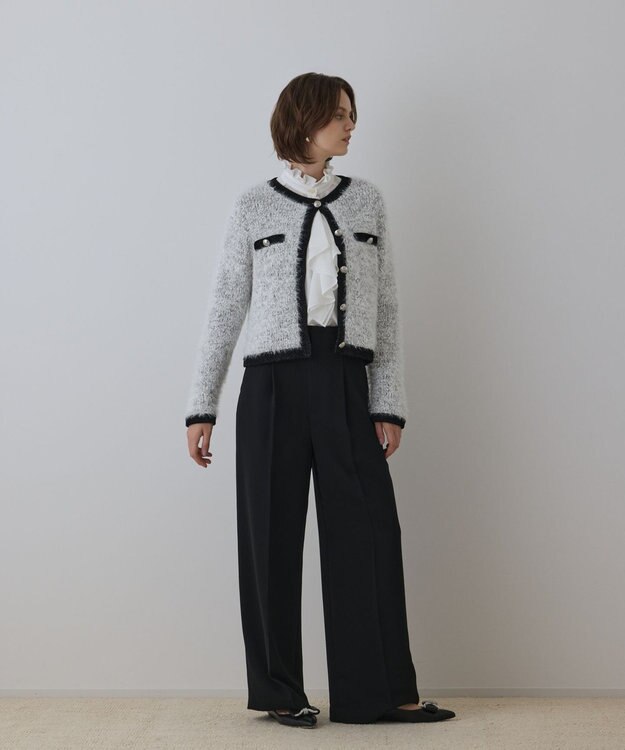 GRACE CONTINENTAL ノーカラーフェザーニットカーディガン バイカラー