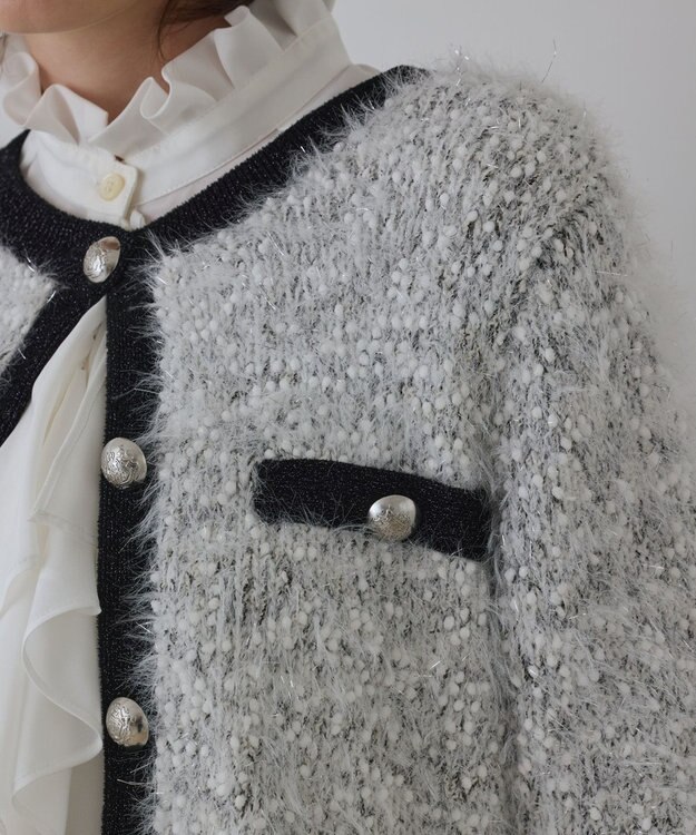 GRACE CONTINENTAL ノーカラーフェザーニットカーディガン バイカラー