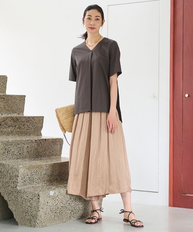 自由区 【ウエストゴム・長さ調整可・洗える・XSサイズあり】ビンテージサテン ガウチョパンツ キャメル系