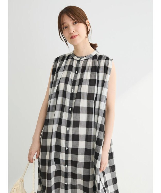 Green Parks インド綿 ギンガムチェックノースリーブワンピース Gingham Check