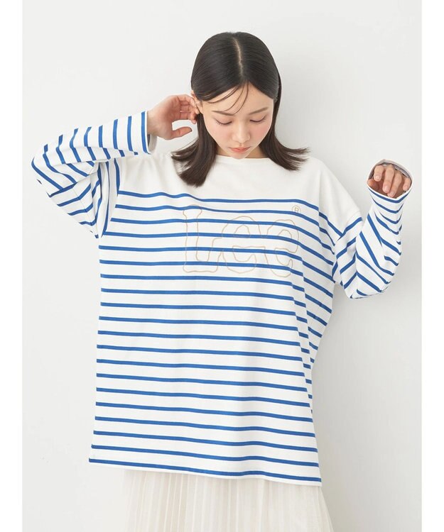 earth music&ecology Ｌｅｅ×ｅ．ｍ．ａ．ｅ　ＢＯＲＤＥＲ　Ｌ／Ｓ　ＴＥＥ Blue