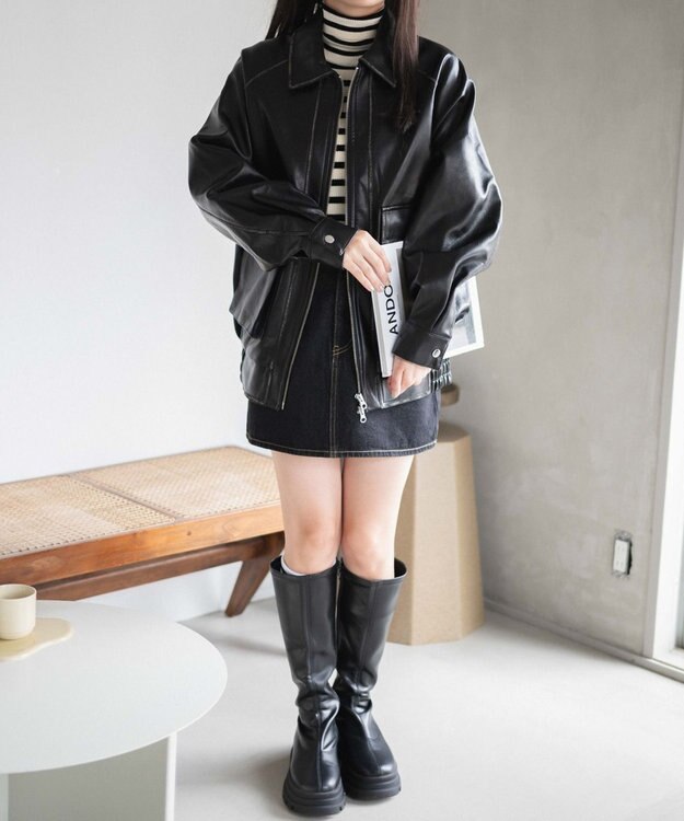 WEGO エイジドFレザーブルゾン ブラック