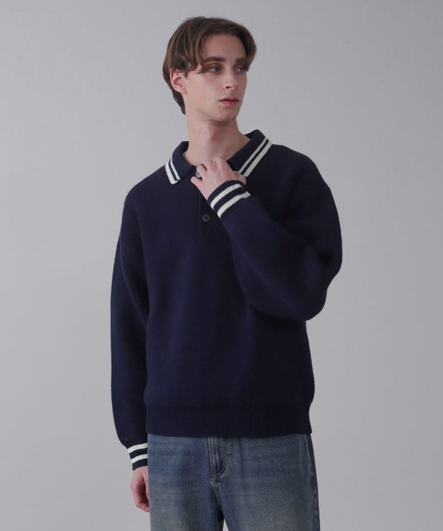 WEGO 【ユニセックス着用ITEM】ワンポイント刺繍ニットポロ ネイビー