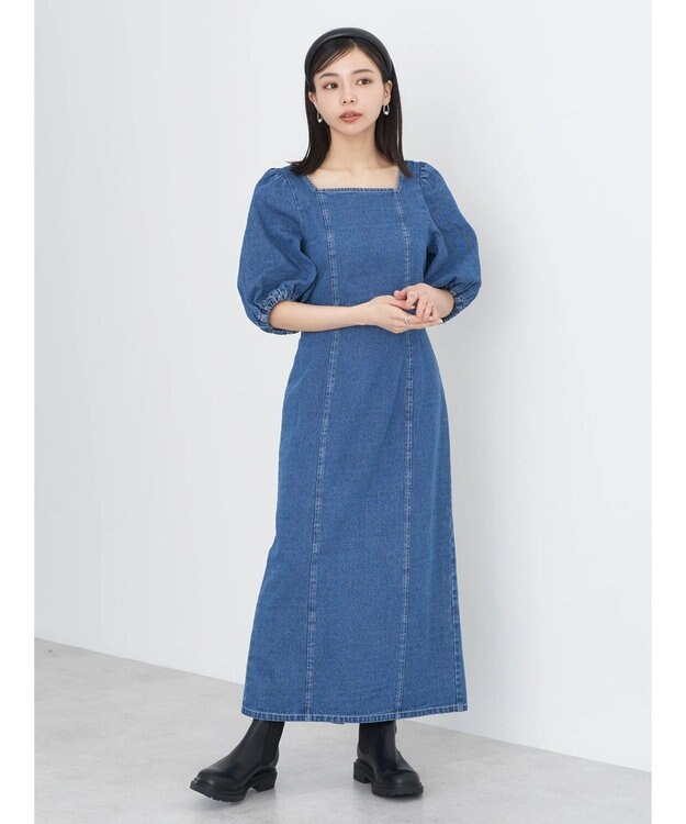 earth music&ecology スクエアネックデニムワンピース Indigo