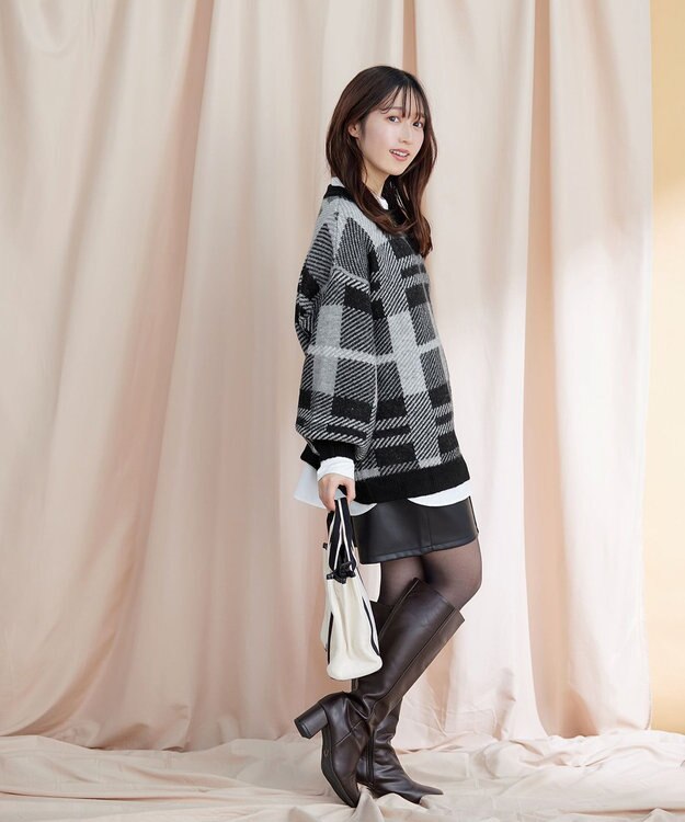Tiaclasse 【洗える】チェック柄プルオーバーニット ブラック