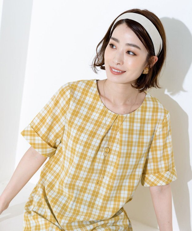 Tiaclasse 【洗える】体型カバーも叶う幅広カフスチュニックブラウス イエローチェック