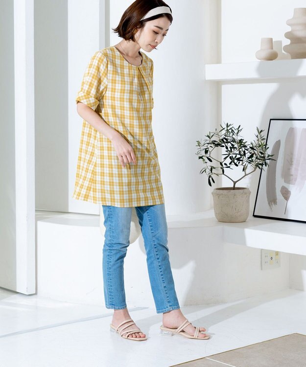 Tiaclasse 【洗える】体型カバーも叶う幅広カフスチュニックブラウス イエローチェック