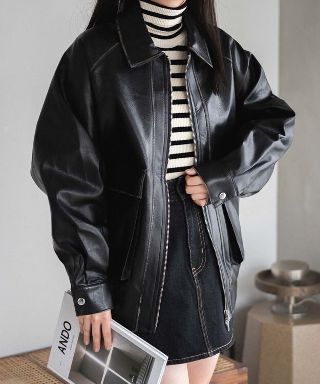 WEGO エイジドFレザーブルゾン ブラック