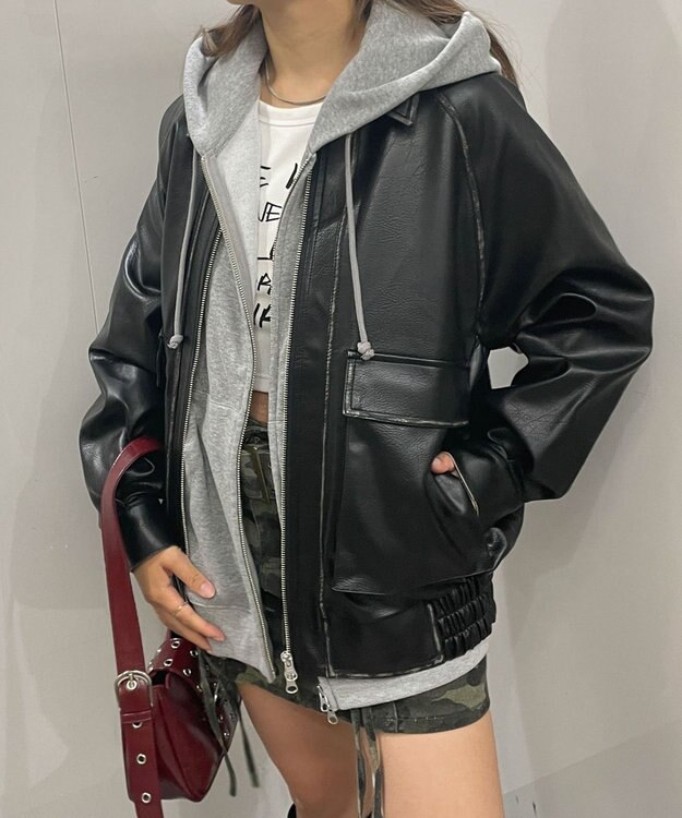 WEGO エイジドFレザーブルゾン ブラック