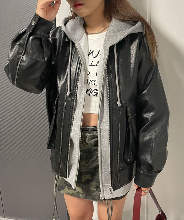 WEGO エイジドFレザーブルゾン ブラック