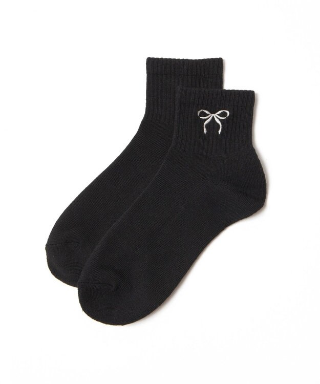 WEGO リボン刺繍アンクルパイルソックス ブラック